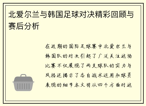北爱尔兰与韩国足球对决精彩回顾与赛后分析